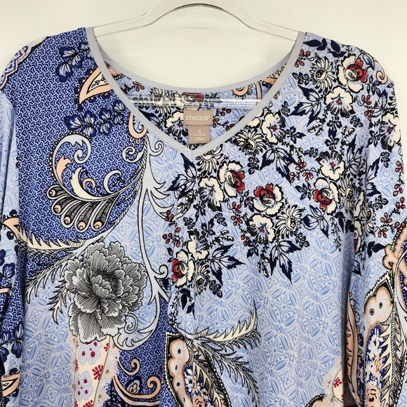 Chicos 3 Floral Print Long Sleeve Tunic Top Womens Size XL Periwinkle V Neck - Picture 2 of 6